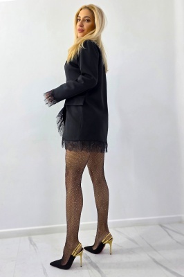 Sacou subtire, lung ELVIA, cu dantela si buzunare decorative, Negru, Marime S/M detaliu lateral