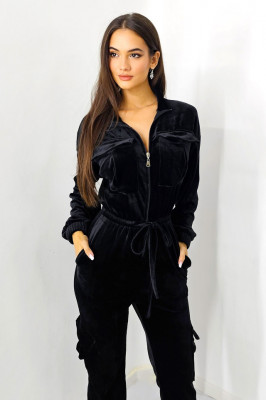 Salopeta din catifea Ximena, cu snur in talie si buzunare oversize, Negru 1