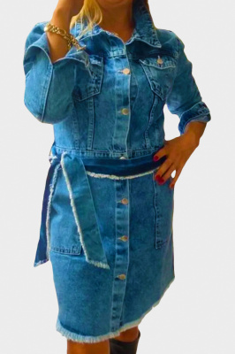 Sarafan asimetric Mera, din denim, cordon si maneca lunga, Albastru 2