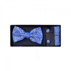Set 3 piese Mistery, pentru barbati, papion, butoni si batista din stofa, argintiu cu imprimeu albastru , MS108