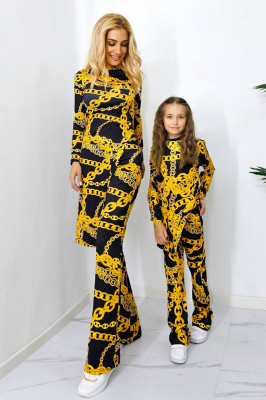 Set casual mama/fiica Agathea, pantaloni tetra evazati si bluza lunga asimetrica, Black Chain