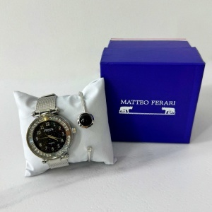 Set ceas elegant dama Francesca di Geneva Matteo, cu bratara asortata, Silver/Black
