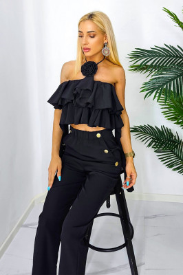 Top elegant Ruffle, cu volane oversize si trandafir decorativ, Negru, Marime S/M3