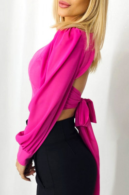 Top scurt Katarina, cu maneci bufante, Fucsia, Marime S/M 2