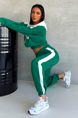 Trening bumbac Cerasela, imprimeu bicolor, bluza scurta cu fermoar si pantaloni, Verde 5