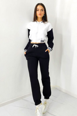 Trening bumbac vatuit College, bluza scurta cu fermoar si pantaloni, Negru 2
