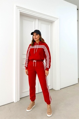 Trening cu gluga VELORA, vatuit, bluza cu fermoar si pantaloni, Rosu