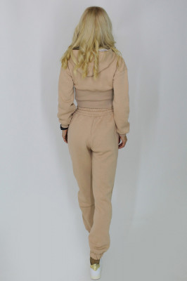Trening vatuit Beatrice, pantaloni cu buzunare oversize si hanorac cu gluga si aspect elastic de corset, Crem1