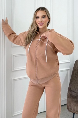 Trening vatuit cu fermoar, Zarah, bluza cu gluga si pantaloni, Bej detaliu produs