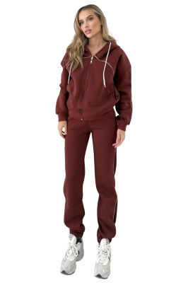 Trening vatuit, cu gluga, Zarah, bluza cu fermoar si pantaloni, Maro
