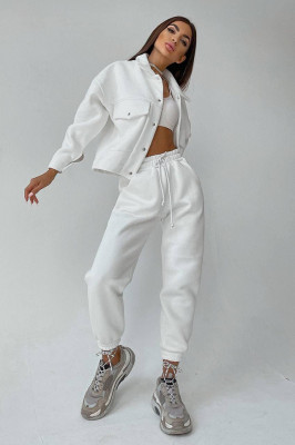 Trening vatuit dama, Arina, pantaloni lejeri si bluza cu capse, Alb