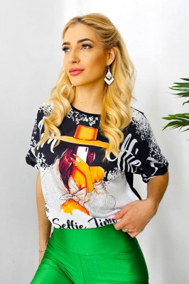 Tricou bumbac Selfie, cu imprimeu grafic si fara snur, Negru1
