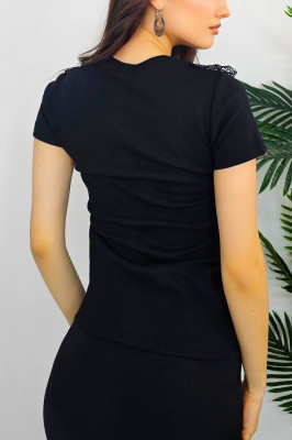 Tricou dama Abe, cu rejansa din dantela si textura striata, Negru, Marime universala S/M2