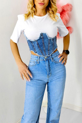 Tricou din bumbac tip bustiera, Khena, cu panou din denim si umeri evidentiati, Alb