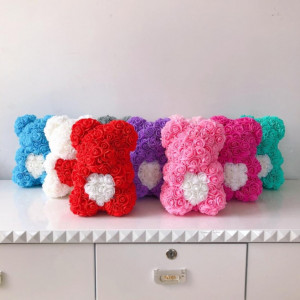 Ursulet Floral din Trandafiri de spuma cu inima, in cutie cu funda, 25 cm 6