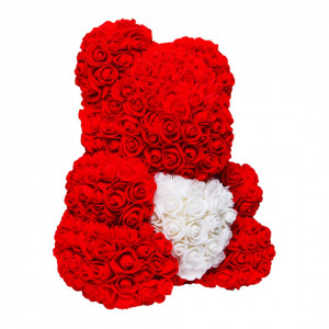 Ursulet Floral din Trandafiri de spuma cu inima, in cutie cu funda, 40 cm 3