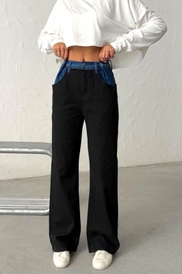 blugi fashion urban cu talie contrastanta negru