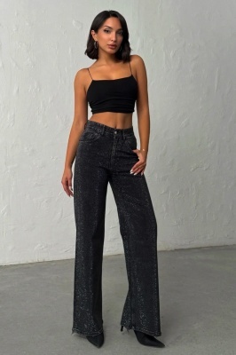Blugi Cairo wide leg cu elastan si strasuri, Negru