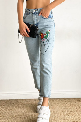 Blugi dama mom fit, Loose, cu desen imprimat si talie inalta6