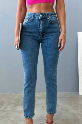 Blugi mom fit Acapulco, cu talie inalta si usor elastici, Albastru deschis detaliu