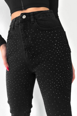 Blugi boyfriend Glim, cu talie inalta, paiete frontale, buzunare si croiala conica, Negru2