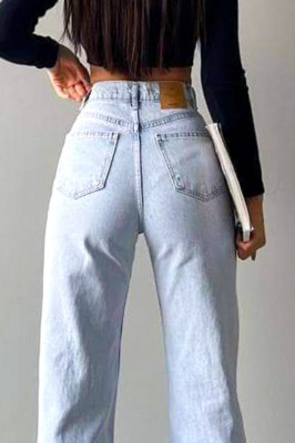 Blugi mom fit MonTery, fara textura elastica, cu slit scurt pe picior si perforatii multiple 2