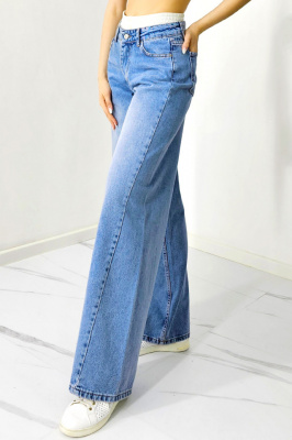 Blugi mom fit Qatar, cu banda elastica in talie si aspect prespalat, Albastru deschis lateral