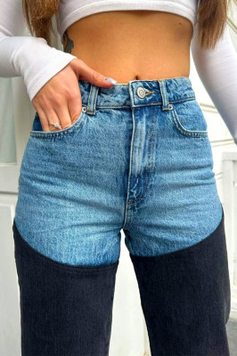 Blugi momfit TwoTone, croiala bicolora cu talie inalta, Albastru/Bleumarin 1