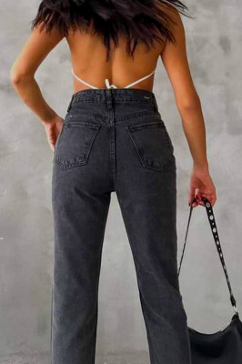 Blugi mom slimfit Colombo, cu perforatii la baza piciorului si talie inalta  1