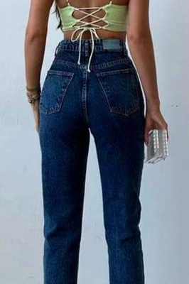 Blugi mom slimfit Colombo, cu perforatii la baza piciorului si talie inalta, Albastru denim spate