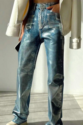 Blugi mom slimfit Scotty, cu glitter metalic in partea frontala, Albastru deschis 1