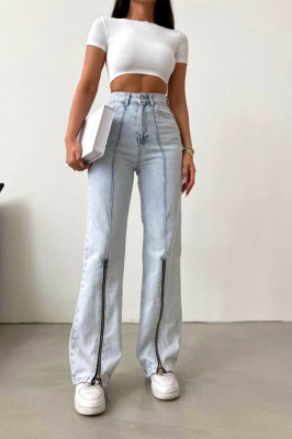 Blugi wide leg JORGE, print prespalat si fermoare cu deschidere șliț, Albastru zapada 1
