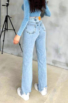 Blugi wide leg Yukatan, cu tiv perforat si aspect prespalat, Albastru zapada spate