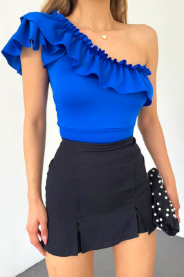 Bluza asimetrica Elara, cu umarul gol si volan oversize, Albastru