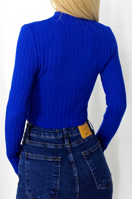 Bluza casual Claudine, cu guler inalt si detaliu impletit, Albastru, Marime S/M 2