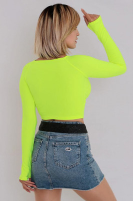 Bluza crop Lina, cu decupaje frontale si maneca lunga cu fenta pentru deget, Galben neon1