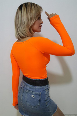 Bluza crop Lina, cu decupaje frontale si maneca lunga cu fenta pentru deget, Portocaliu1