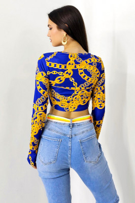 Bluza crop Sienna, cu decolteu decupat si maneca cu fenta/deget, Blue Chain 4