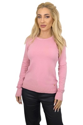 Bluza cu bumbac si lana, TERA, cu maneca lunga si accesoriu metalic, Roz prafuit, Marime universala