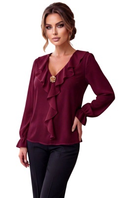 Bluza eleganta de dama, NORIA, cu volane si brosa aurie, Visiniu, Marime S/M