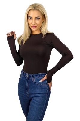 Bluza midi BASIC, cu guler rotund si fenta deget, Maro