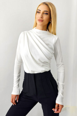Bluza tip body Fleur, cu aspect drapat si maneca lunga, Alb, Marime S/M 3