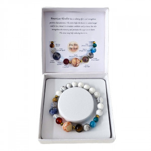 Bratara 10 Planets American Howlite, din pietre semipretioase in cutie cadou, semnificand planetele galaxiei 1