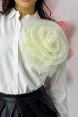 Camasa bumbac Organza Sweet, cu accesoriu floral oversize, detasabil, Alb, Marime S/M 3