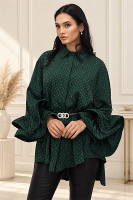 Camasa cu volane si cristale Sugar BLINK, lungime asimetrica, Verde Smarald, Marime S/M/L