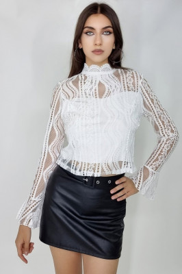 Camasa dama Smaranda, cu efect brodat si guler dantelat, Alb