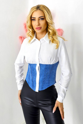 Camasa dama denim Cehia, cu doua texturi si rejansa elastica la spate, Alb 3