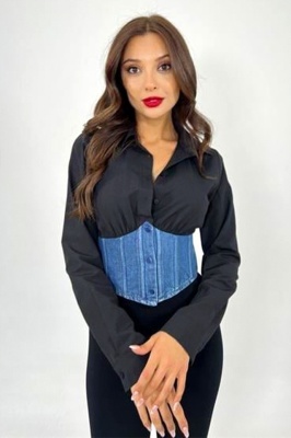 Camasa denim FABYA, nasturi si inchidere cu snur la spate, Negru 4
