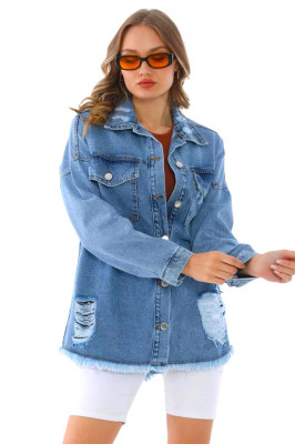 Camasa denim Sharin, croi lung, simetric si perforatii ample, Albastru 4
