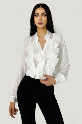 Camasa eleganta Dariana, cu textura vaporoasa, maneca lunga si volane maxi cu aspect plisat, Alb, Marime universala S/M/L2